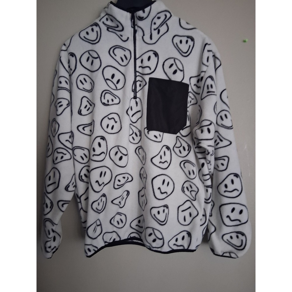 4th Dimension Smiley Face Fleece Pullover Quarter Zip White Black Mens Medium